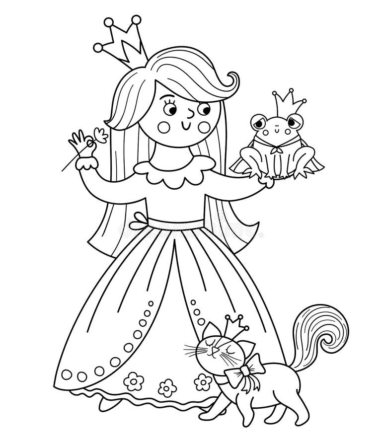 Svart och vit prinsessa med grodprins och katt. fantasi linjeflicka i kronan. medeltida färgande av sagolästen
