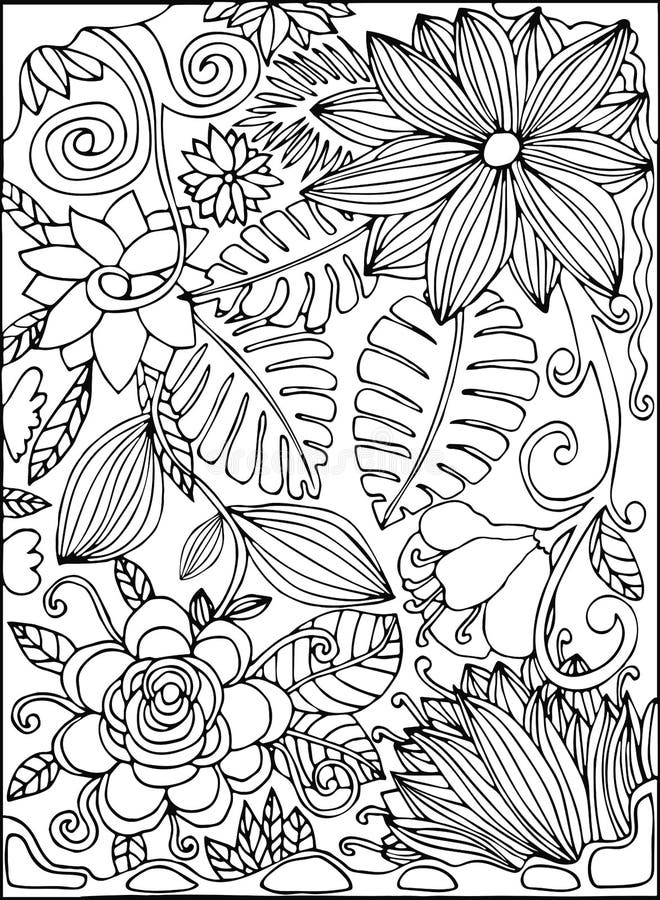 Black and white thin line hand drawn postcard with tropic flowers, jungle, palm leaves, tropical garden. Coloring book page. Vector illustration. Black and white thin line hand drawn postcard with tropic flowers, jungle, palm leaves, tropical garden. Coloring book page. Vector illustration