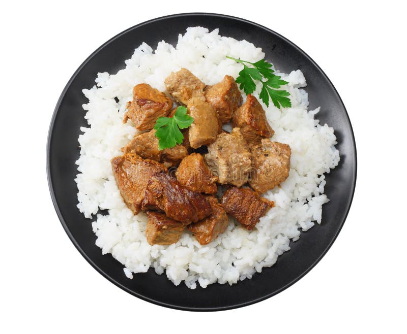 svart platta med vita ris och gulasch som isoleras på vit bakgrund Top beskådar royaltyfri bild svart platta med vita ris och gulasch som isoleras på vit bakgrund Top beskådar royaltyfri bild