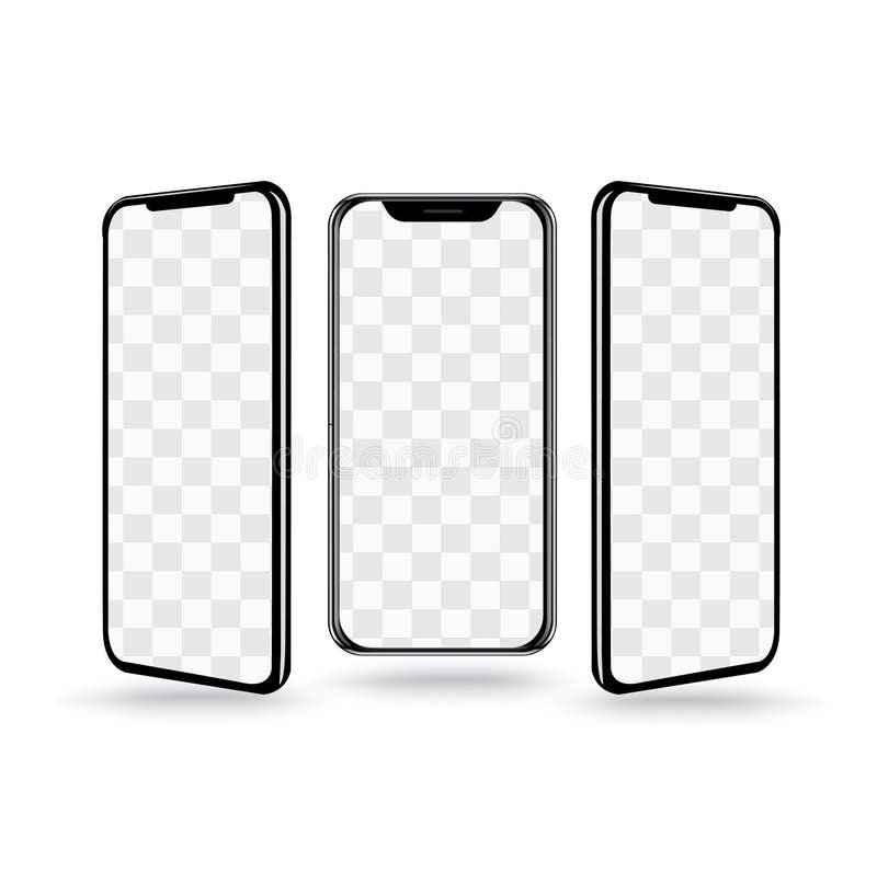 Black frameless smartphone with a blank screen on a gray background, at three angles. vector layout, vector. Black frameless smartphone with a blank screen on a gray background, at three angles. vector layout, vector