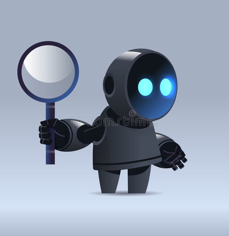 Svart robot med förstoring av glasdatasökkontur för artificiell intelligens, full längd vektor illustrationer