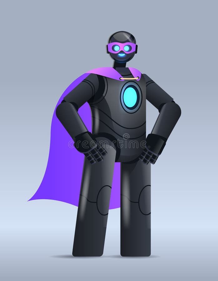 Svart robot med superhjälte, konstgjord intelligens lodrätt royaltyfri illustrationer