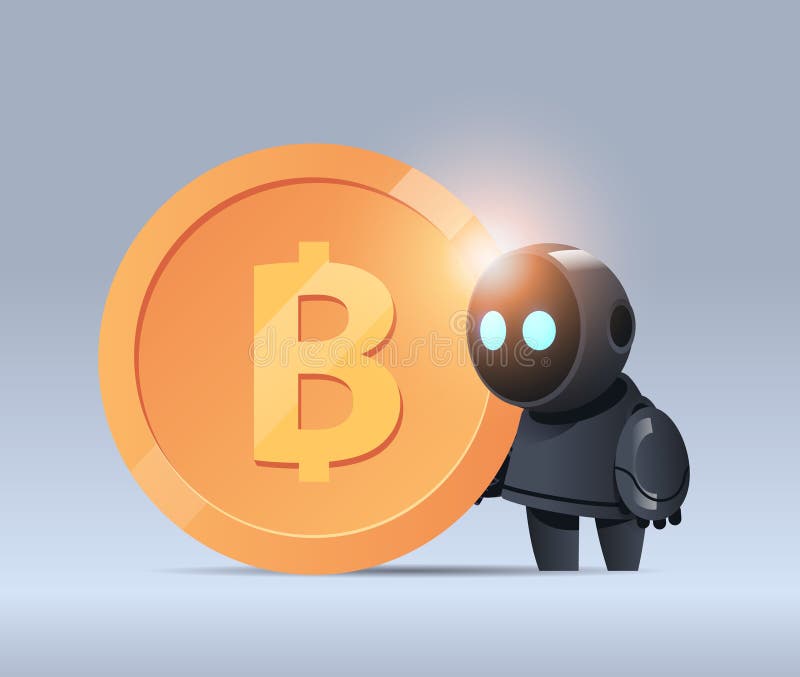 Svart robot som innehar bitmyntkryptering i valuta för webbpengar som utvinner passiva inkomster artificiell intelligens royaltyfri illustrationer