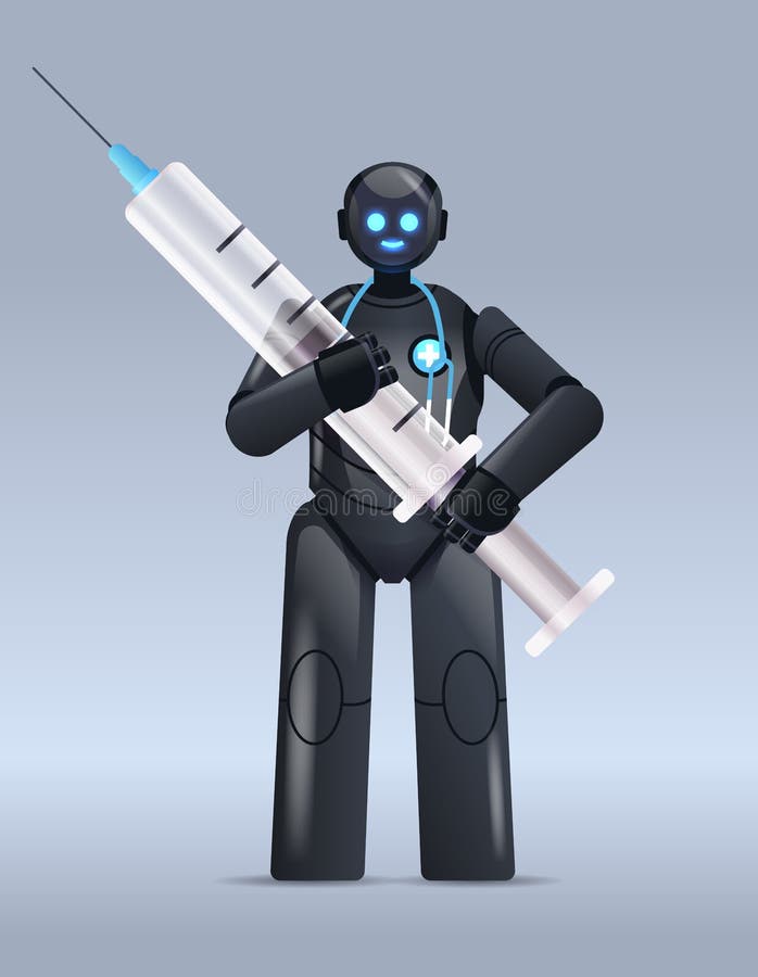 Svart robotdoktor som håller i sprutan vaccinering Medicinsk intelligens vektor illustrationer