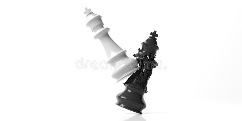 Svart schackkonung som är bruten vid den vita konungen som isoleras på vit bakgrund illustration 3d stock illustrationer Svart schackkonung som är bruten vid den vita konungen som isoleras på vit bakgrund illustration 3d stock illustrationer