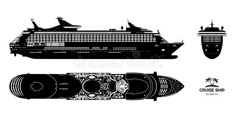 Svart silhuett av kryssningsfartyg. överst- och framvy. skiss över isolerade stommar. detaljerad ritning av det marina fartyget stock illustrationer