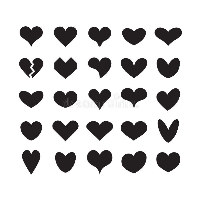Svart, söt silhuett och isolerade olika vackra hjärtformer ikoner som sätts på vita