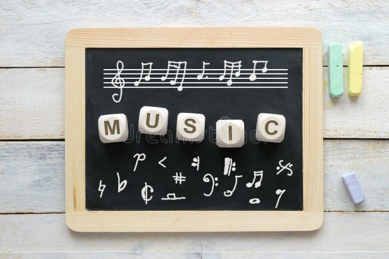 Svart tavla i ett musikklassrum med några beteckningssystemsymboler