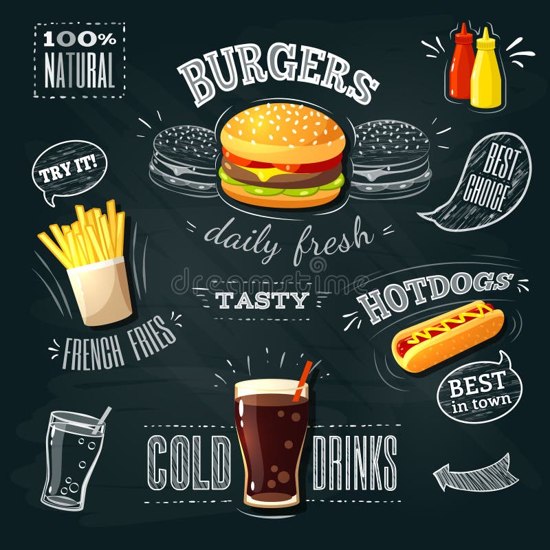 Svart tavlafastfoodannonser - hamburgare, fransmansmåfiskar och hotdog royaltyfri illustrationer