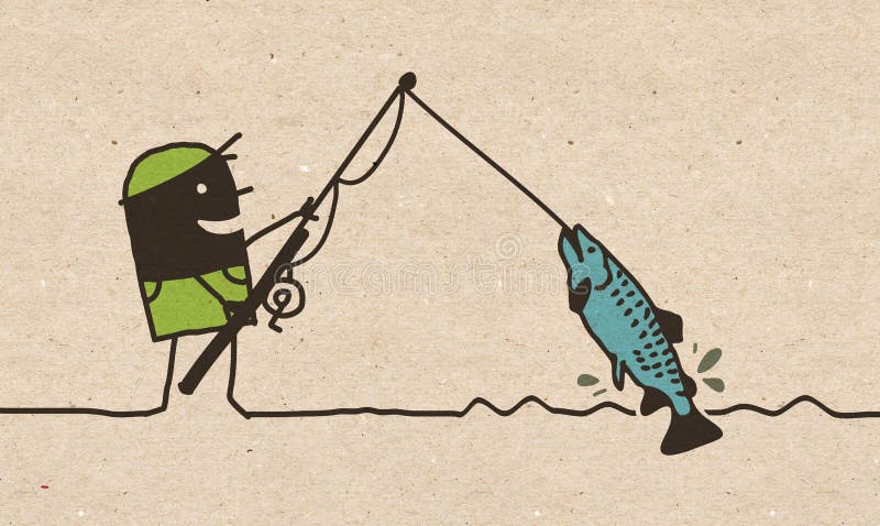 Svart tecknad filmfiskeman royaltyfri illustrationer