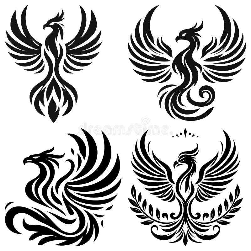 Svarta foenix-stambilder vektorgrafik inställd på vit bakgrund perfekt för tatueringar royaltyfri illustrationer