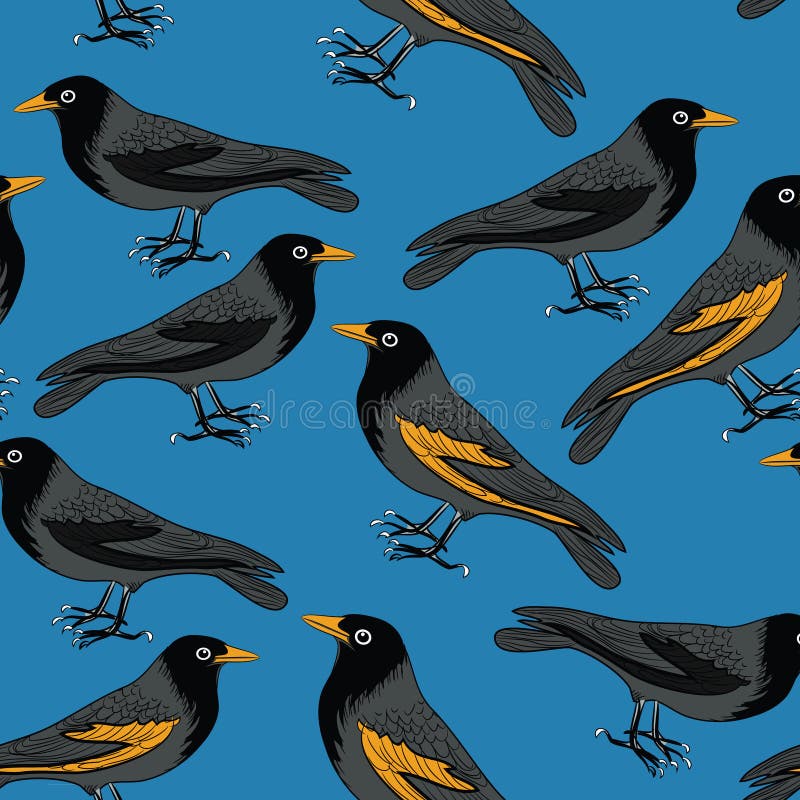 Svarta fåglar med den sömlösa modellen för orange näbb Vektorillustration på blå bakgrund stock illustrationer Svarta fåglar med den sömlösa modellen för orange näbb Vektorillustration på blå bakgrund stock illustrationer