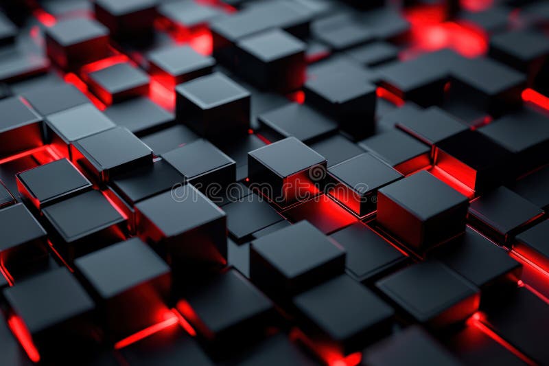 Svarta kuber med glödande röda accenter skapar abstrakt representation av sammankopplade datablock som symboliserar digitala. En svart kub med glödande röda accenter skapar en abstrakt representation av sammanlänkade datablock som symboliserar den digitala ekonomins ai-generering