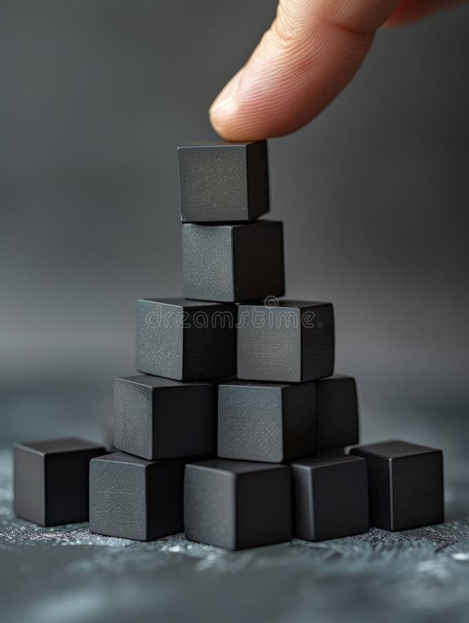 Svarta kuber staplade i en pyramidformning med en hand som lägger till den övre kuben. royaltyfri foto