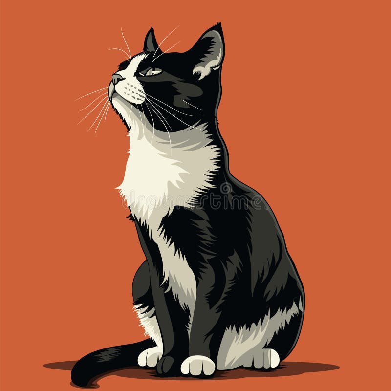 Svartvit katt som ser uppåt orange bakgrund. Tuxedo-kattwhisky-öron stock illustrationer
