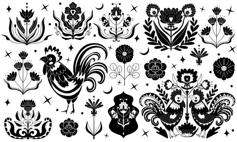 Svartvit linocut inc-folkmängd. blomsterroostron. stil för konst linocut. dekorativa dekorativa dekorativa dekorativa element vektor illustrationer