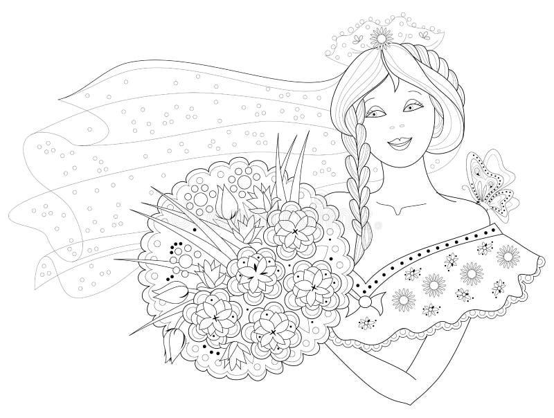 Svartvit sida f? r f? rgl? ggningbok Fantasiteckning av den härliga flickan med buketten av blommor stock illustrationer