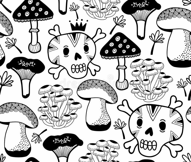 Svartvit sömlös modell med champinjoner och skallar Vektorklotterillustration som dras av handen stock illustrationer Svartvit sömlös modell med champinjoner och skallar Vektorklotterillustration som dras av handen stock illustrationer