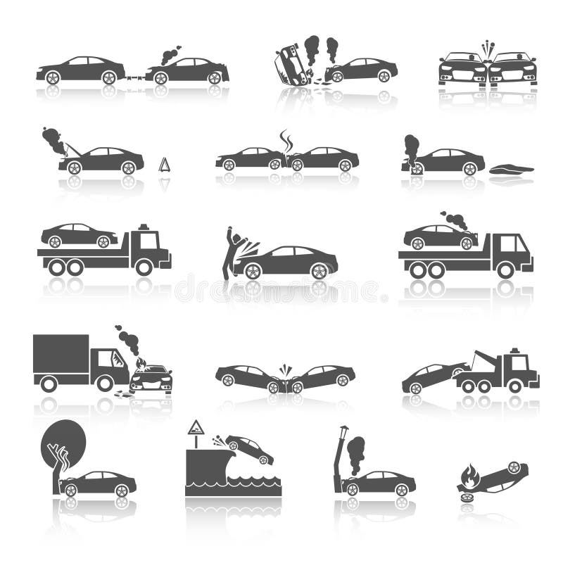 Svartvita symboler för bilkrasch stock illustrationer Svartvita symboler för bilkrasch stock illustrationer