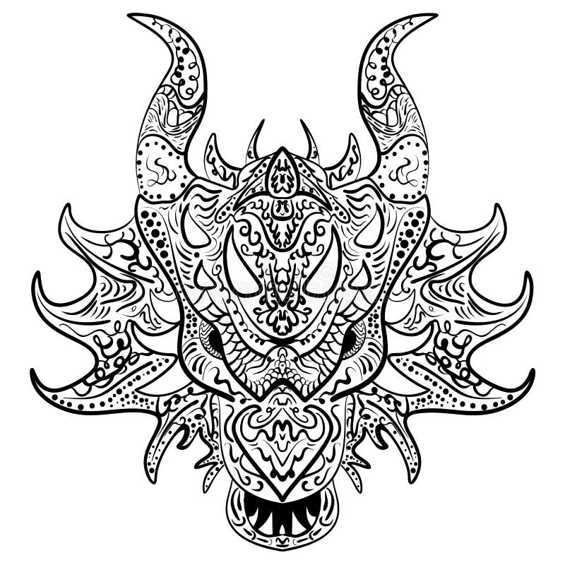 Svartvitt skissa head Zen-tova för draken stock illustrationer Svartvitt skissa head Zen-tova för draken stock illustrationer