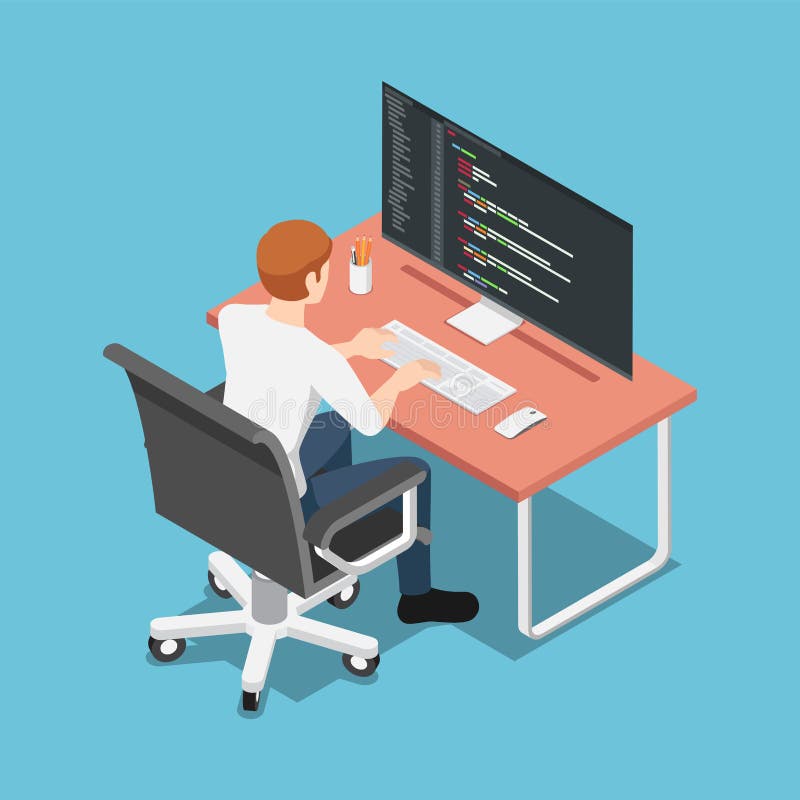 Sviluppatore di software isometrico o codificatore di programmi su computer pc royalty illustrazione gratis