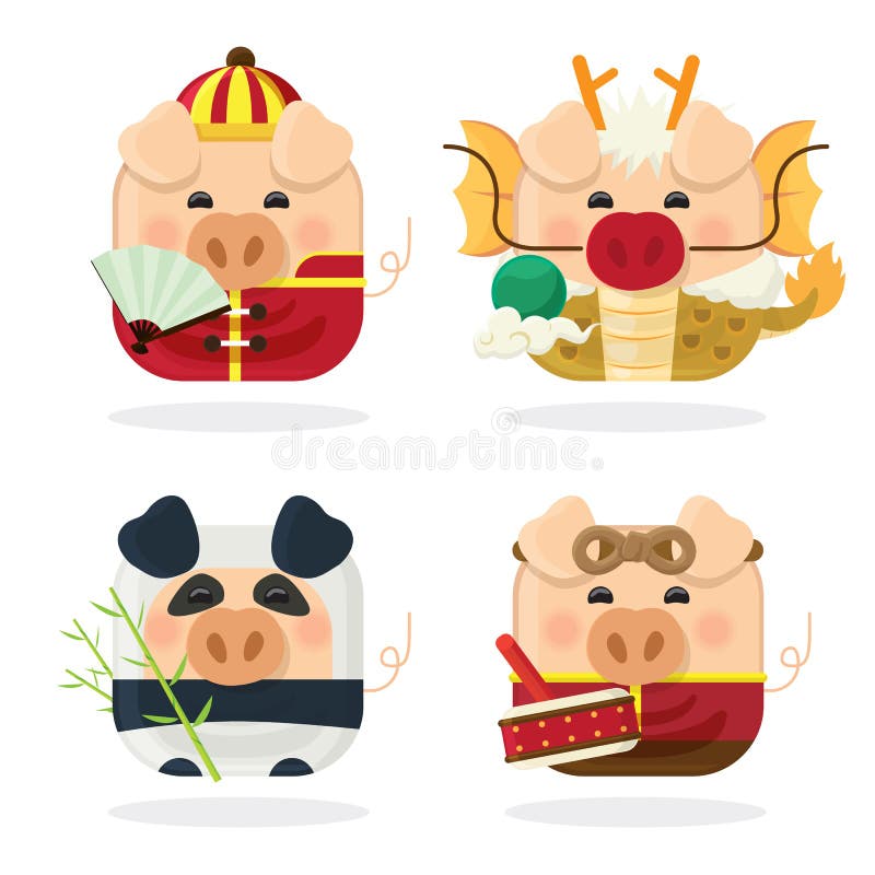 Svin och kinesiskt nytt år 2019 för symbolsuppsättning fyra med det gulliga piggy tecknad filmteckenet vektor illustrationer Svin och kinesiskt nytt år 2019 för symbolsuppsättning fyra med det gulliga piggy tecknad filmteckenet vektor illustrationer
