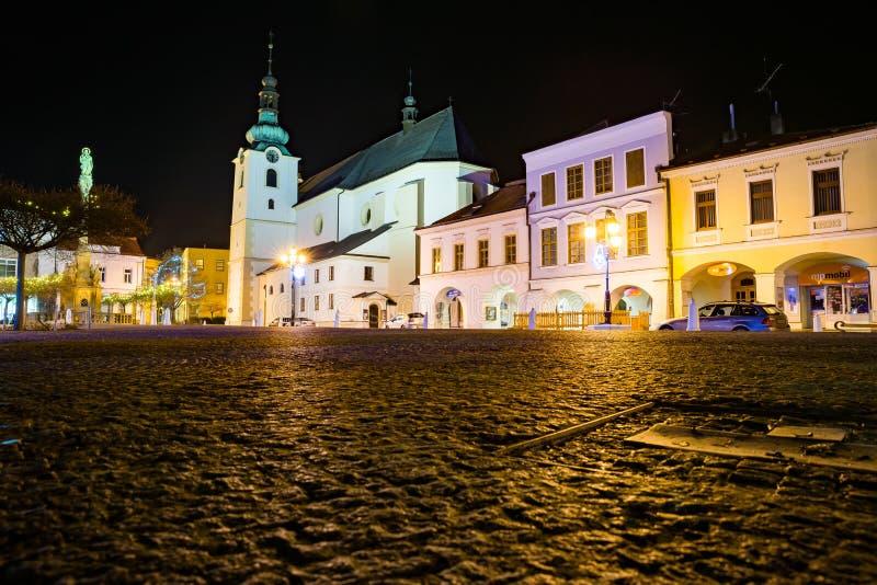 Svitavy, Czech republic - December 26, 2020. Night photo of old architecture in main square