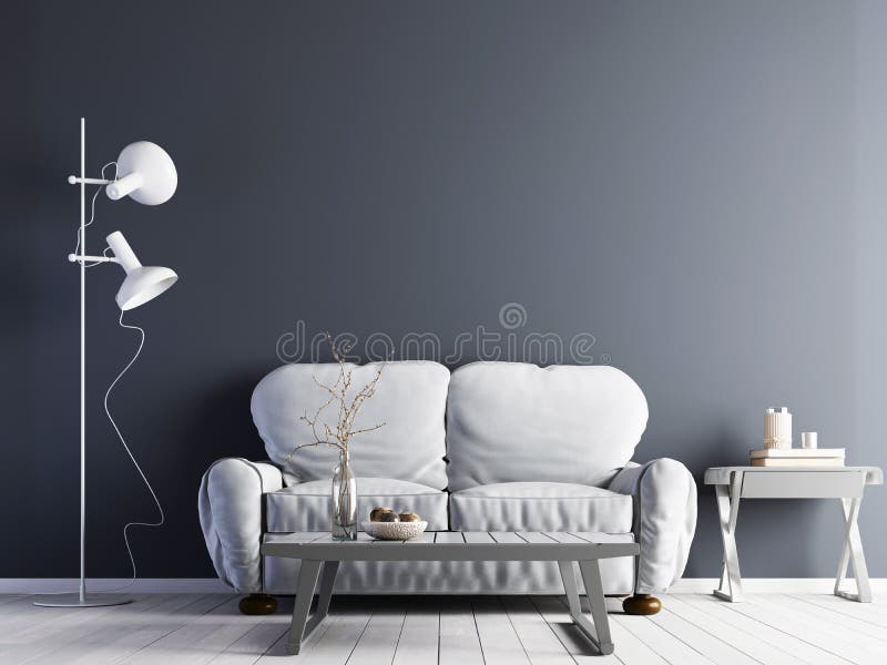 Svuoti la parete viola nell'interno moderno con il sofà bianco e la tavola minima bianca & del pavimento illustrazione di stock