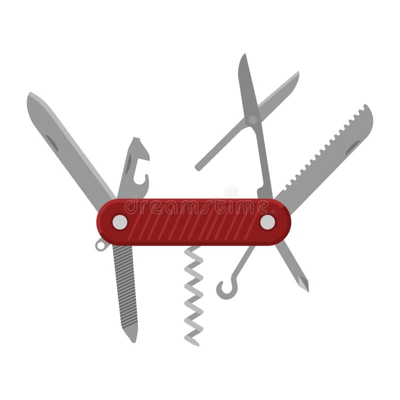 Svälj knivkniv eller multiverktyg som är isolerade på vit bakgrund. Kniven har en huvudskärmsdrivrutin för spearpoint-bladservrar stock illustrationer