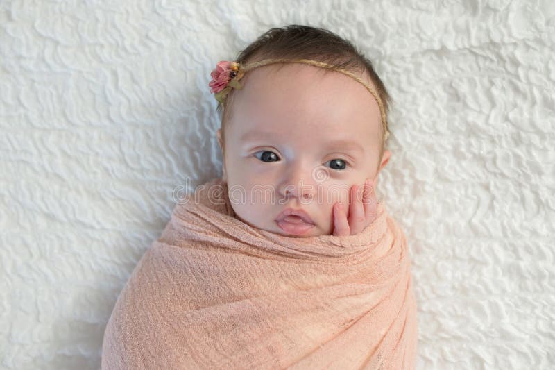 Alert Baby Girl Swaddled in a Light Peach Wrap royalty free stock photography Alert Baby Girl Swaddled in a Light Peach Wrap royalty free stock photography