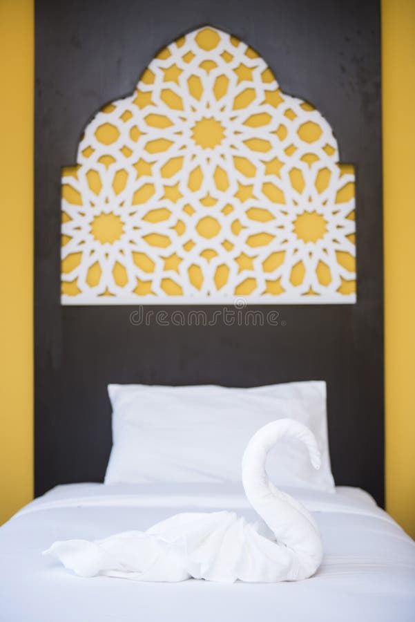 Swan Towel Decoration on Bed in Bedroom Stock Photo Image of white