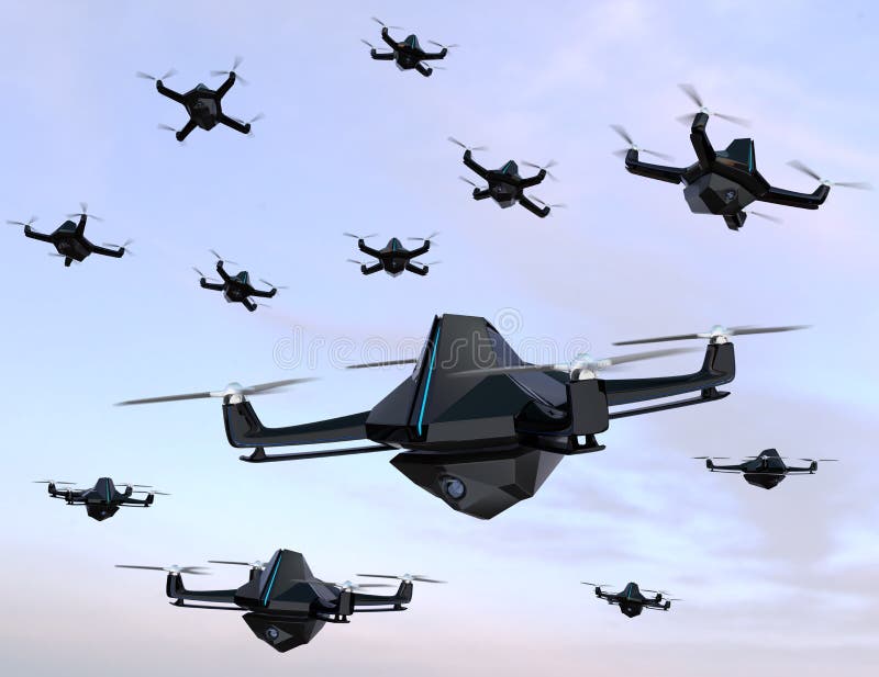 Swarm of Security Drones with Surveillance Camera Flying in the Sky