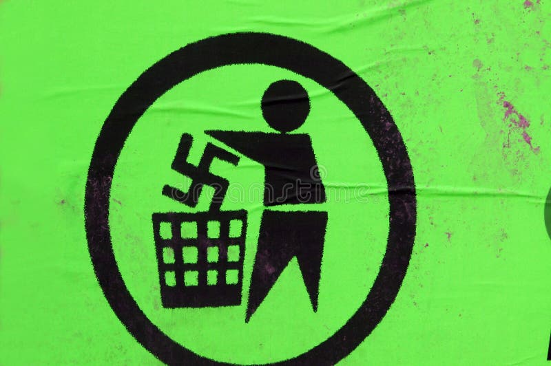 Swastika thrown in trash, green poster, anti nazi symbol against fascism and right wing extremism. Swastika thrown in trash, green poster, anti nazi symbol against fascism and right wing extremism