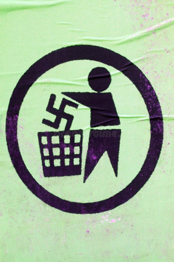 Swastika thrown in trash, green poster, anti nazi symbol against fascism and right wing extremism. Swastika thrown in trash, green poster, anti nazi symbol against fascism and right wing extremism