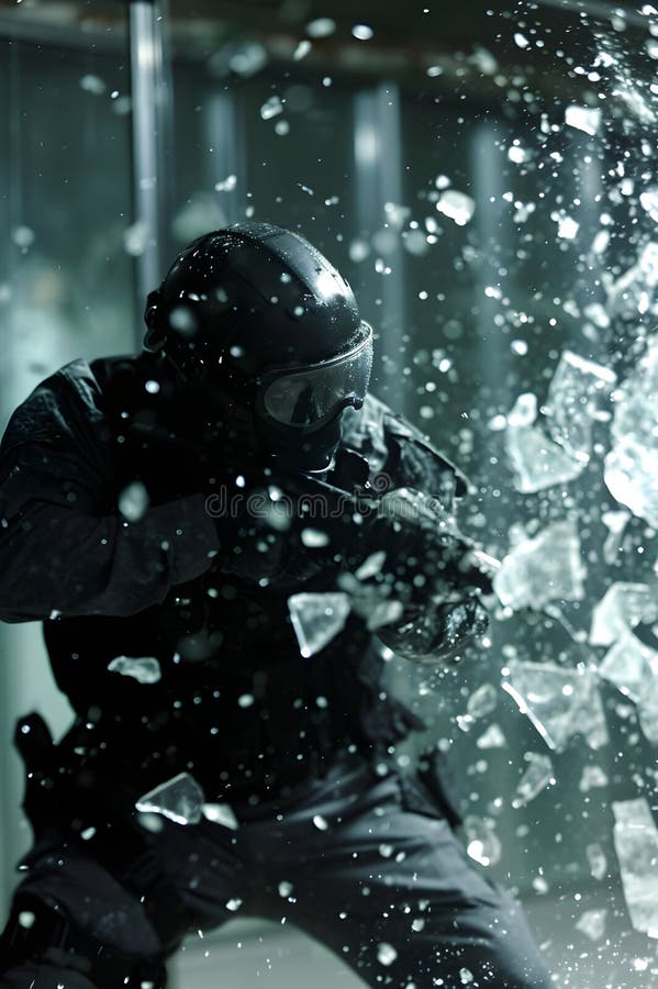 Swat team member smashing shatter glass falling