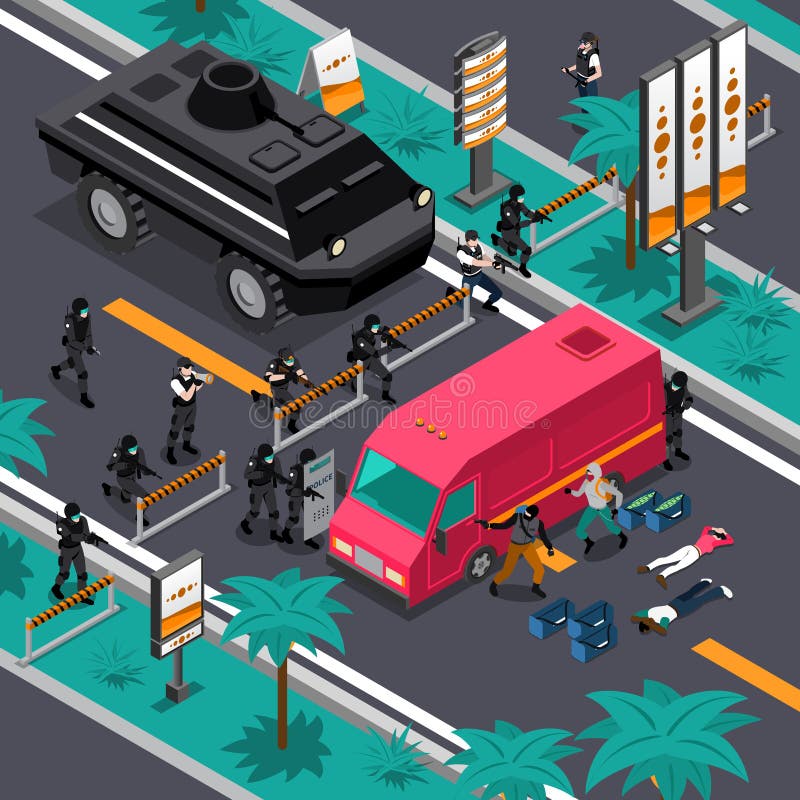Swat unit team tactics in action searching for gunman isometric composition poster with blocking streets vector illustration. Swat unit team tactics in action searching for gunman isometric composition poster with blocking streets vector illustration