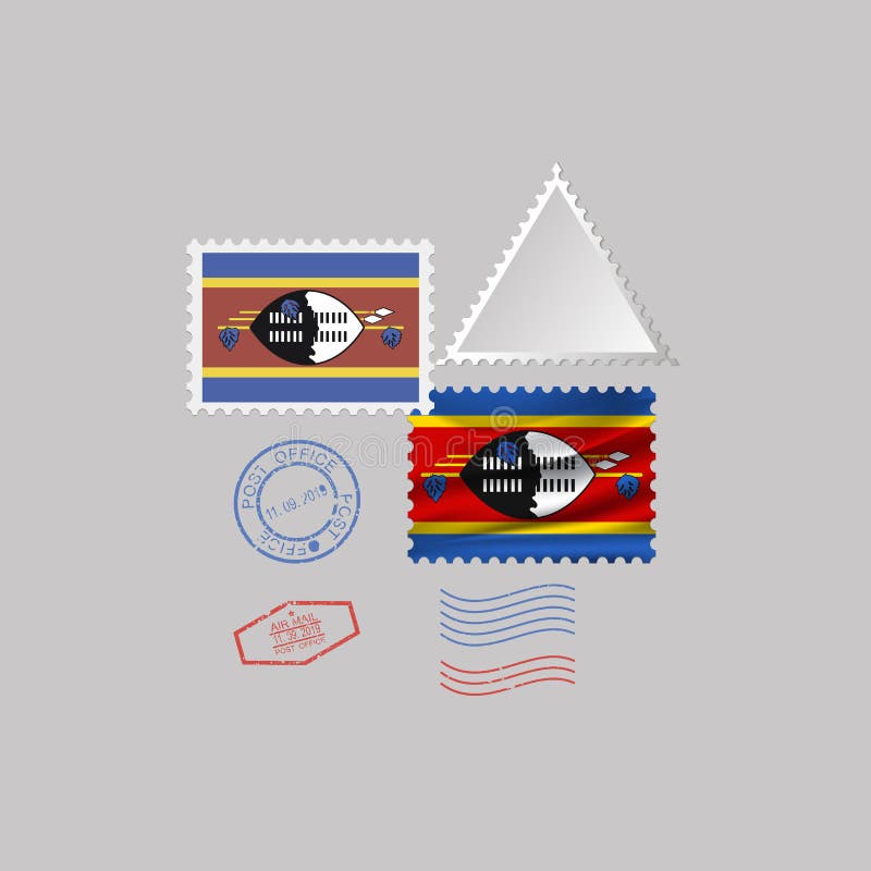 SWAZILAND zaznacza znaczka pocztowego set, odizolowywającego na szarym tle, wektorowa ilustracja 10 eps. Set znaczki pocztowi z wizerunkiem flaga SWAZILAND odizolowywał na szarym tle 10 eps
