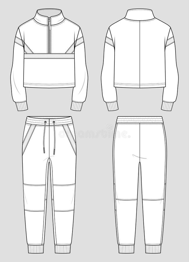 Set of Ski pants technical fashion illustration with low waist, rise, flap  zipper patch pockets, belt