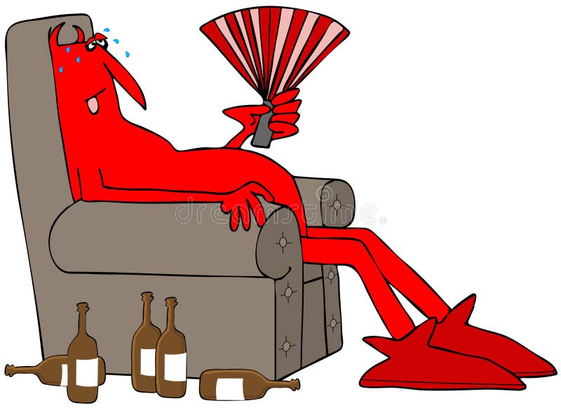Sweaty red devil sitting in a chair stock illustration