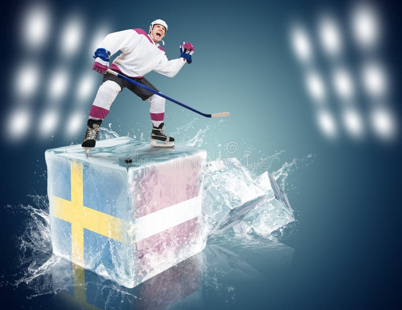 Sweden Latvia Game. Spunky Hockey Player on Ice Cube Stock Photo