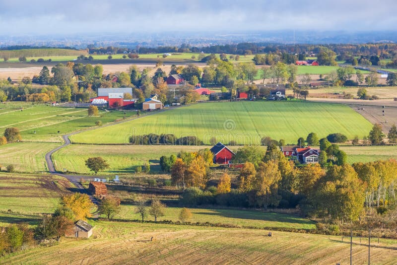 Swedish countryside view with farms and fields in autumn colours