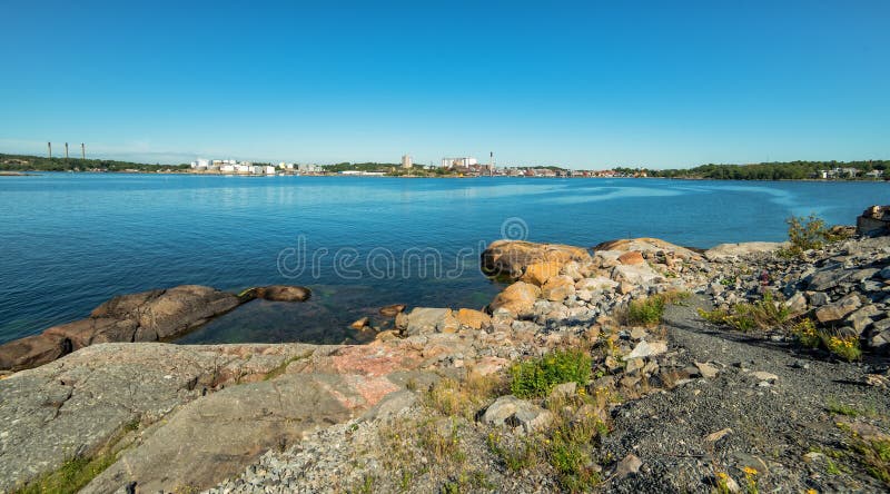 Swedish summer sea coast panorama with Karlshamn city background