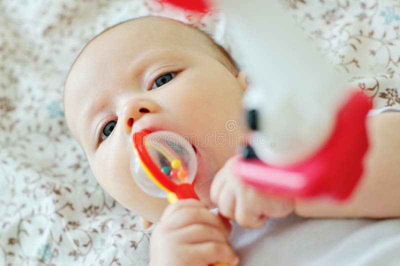 Sweet baby biting a toy stock images