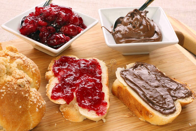 Sweet Bread Breakfast with Jam and Chocolate Cream Stock Photo Image