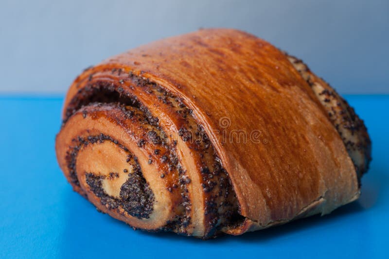 Sweet bun with poppy seeds on a blue background. Homemade roll with poppy seeds stock image Sweet bun with poppy seeds on a blue background. Homemade roll with poppy seeds stock image