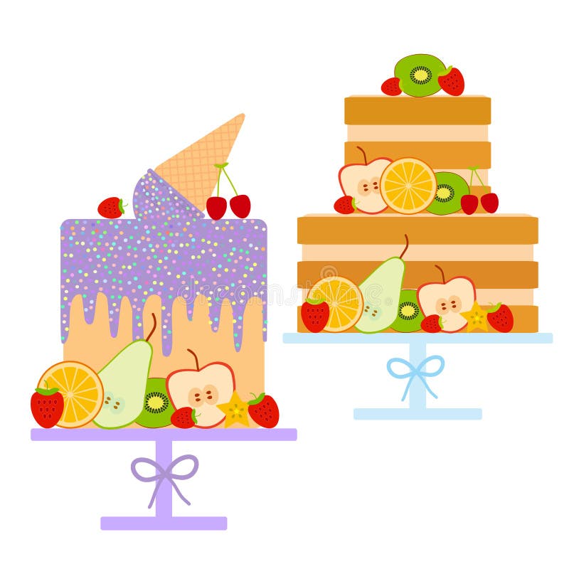 Sweet cake decorated with fresh fruits and berries, Card design Birthday, valentine`s day, wedding, engagement. Ice cream waffle