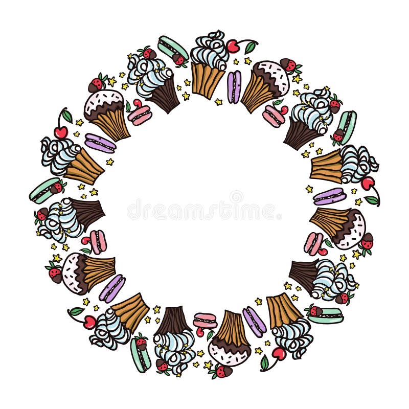 Sweet Cake Vector Circle Frame with Desserts. Macaroon, Muffin, Pudding