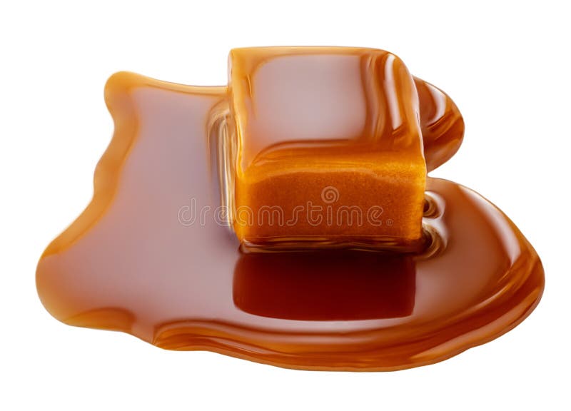 Sweet Caramel candy with caramel sauce isolated on a white background close up