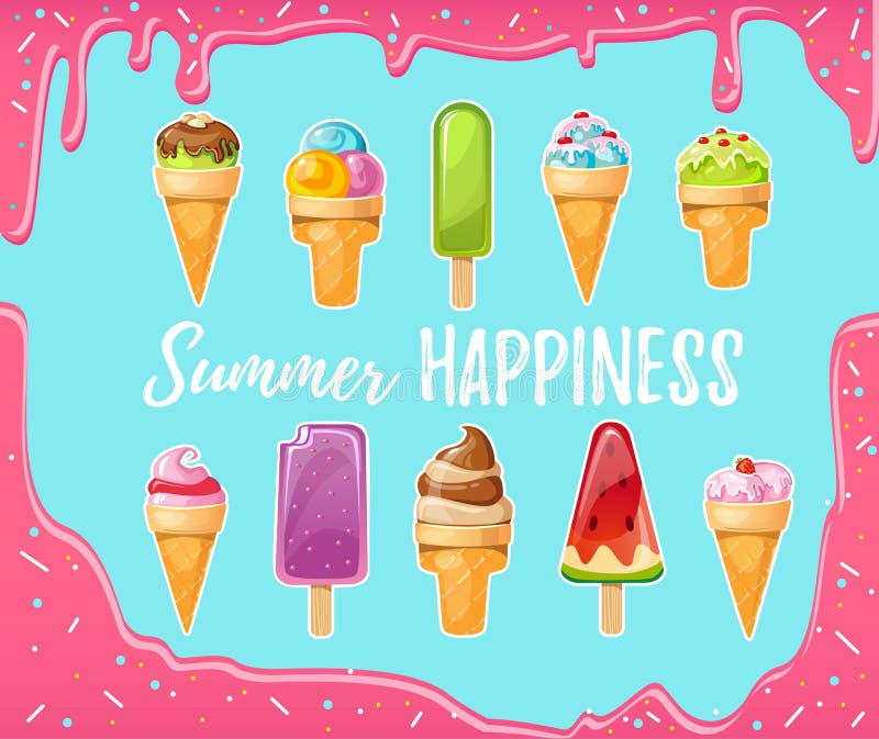 Sweet cartoon ice cream set with melted pink background. Vector colorful ice creams with inspirational inscription stock illustration Sweet cartoon ice cream set with melted pink background. Vector colorful ice creams with inspirational inscription stock illustration