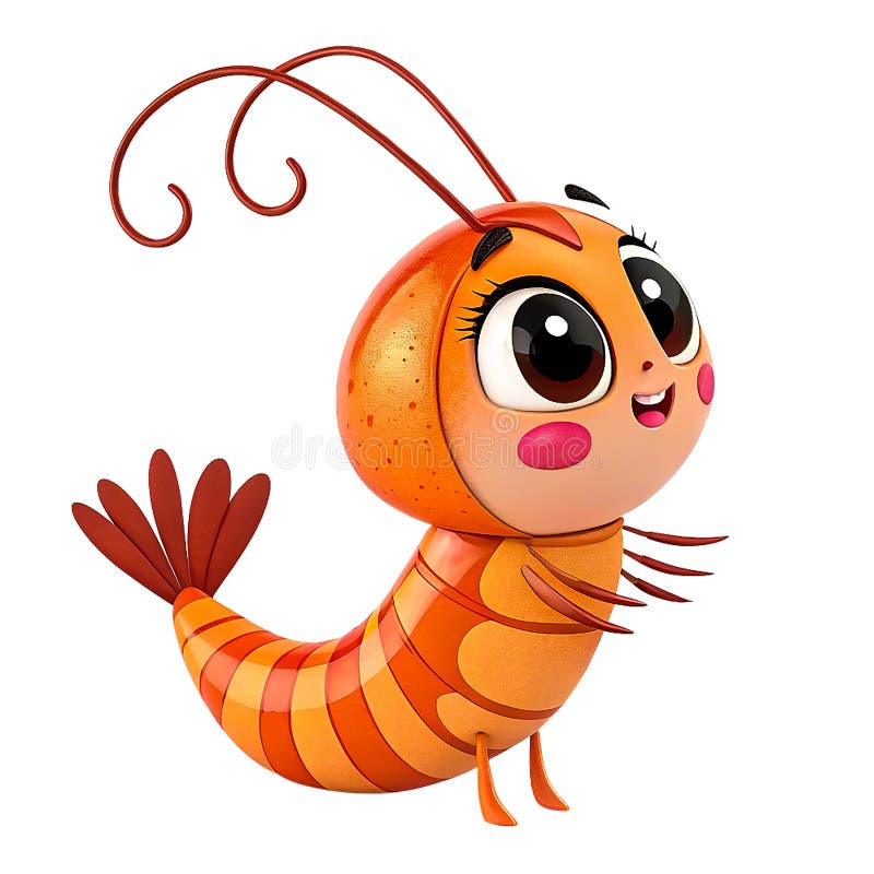 Sweet Cartoon Shrimp Caracter 3D Made Orange și Adorable Design stock illustration